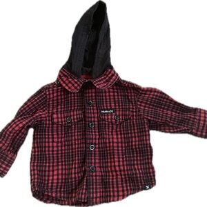 Hurley Red and Black Checkered Hooded Shirt